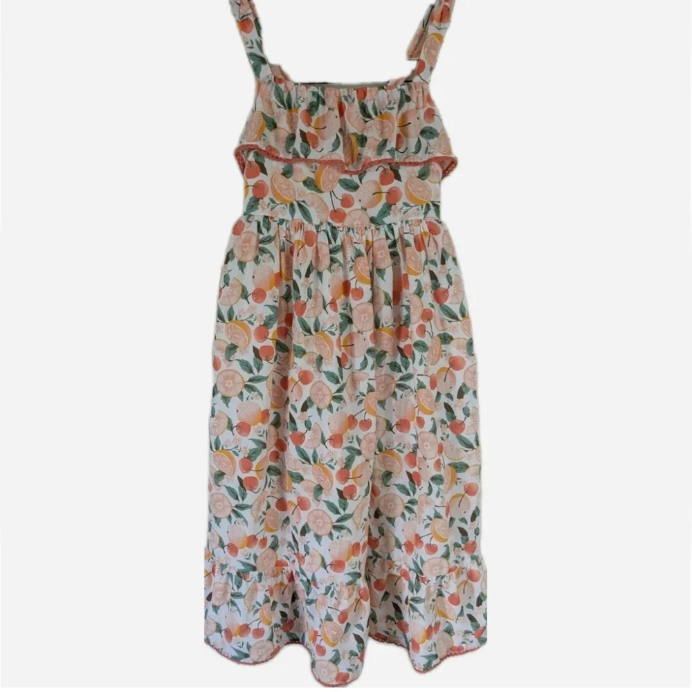 Isaac Mizrahi Girls 12 Sundress Peach & Orange Fruit Textured Midi Lined Straps - Picture 2 of 6